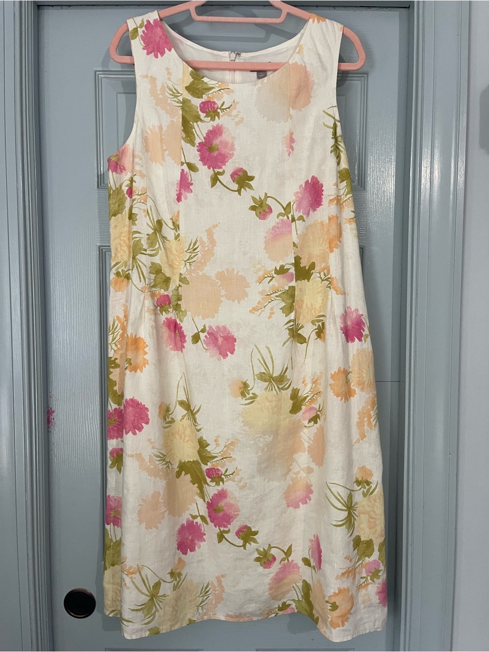J. Jill Linen Cream Midi Dress with Pink, Peach & Olive Floral Print